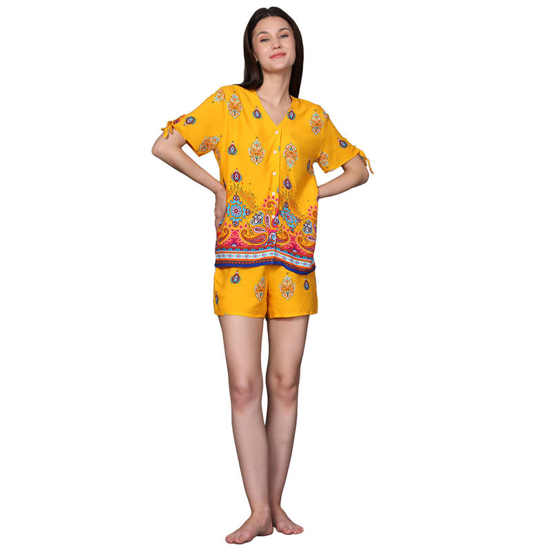 BSTORIES Night Suit for Women - Yellow Pailsey Print (Set of 2) (S)