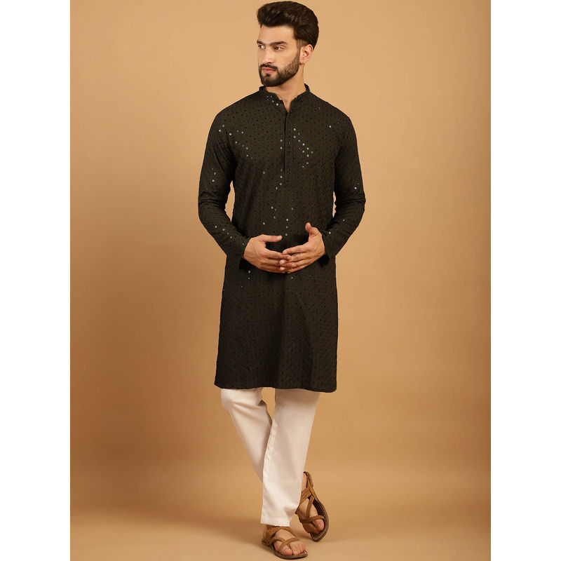 Treemoda Dark Mehndi Green Chikankari Embroidered Kurta with Aligarh Pyjama (Set of 2) (S)