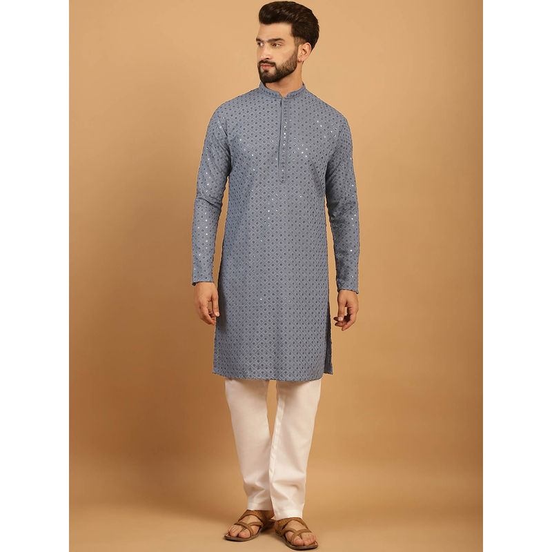 Treemoda Light Grey Chikankari Embroidered Kurta with Aligarh Pyjama (Set of 2) (XL)