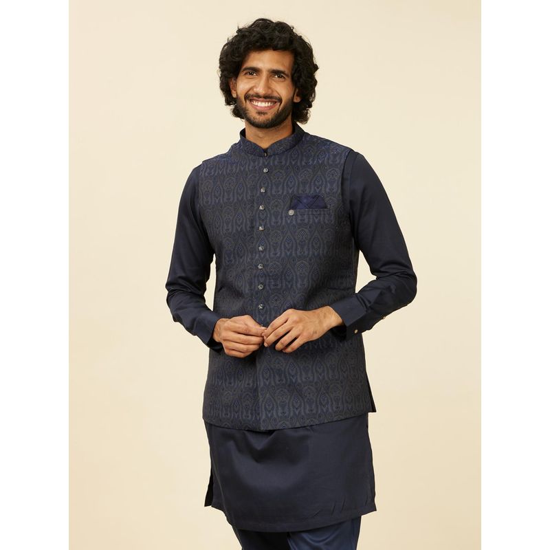 Manyavar Dark Blue Brocade Embroidery|Stone Work Jackets for Men (Set of 2) (S)