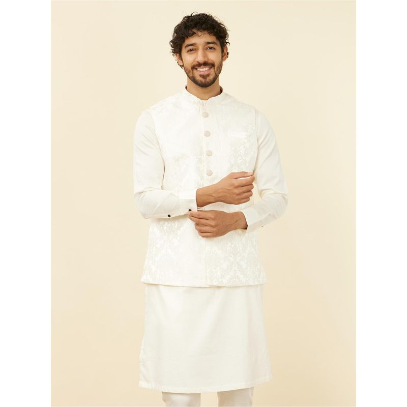 Manyavar Warm White Brocade Jacquard|Self Design Jackets for Men (Set of 2) (L)