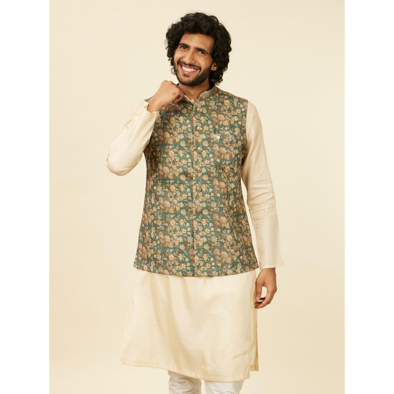 Manyavar Teal Green Art Silk Digital Printed Jackets for Men (Set of 3) (L)