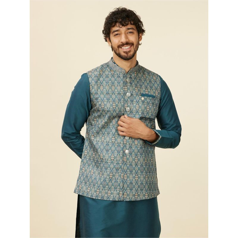 Manyavar Teal Blue Art Silk Printed Jackets for Men (Set of 3) (M)