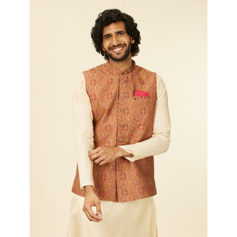 Manyavar Rust Brocade Embroidery|Jacquard|Zari Jackets for Men (Set of 3) (S)