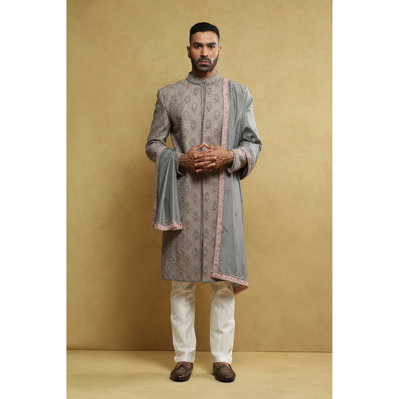 Soniya G Grey Sherwani and Kurta with Pant and Dupatta (Set of 4) (XS)