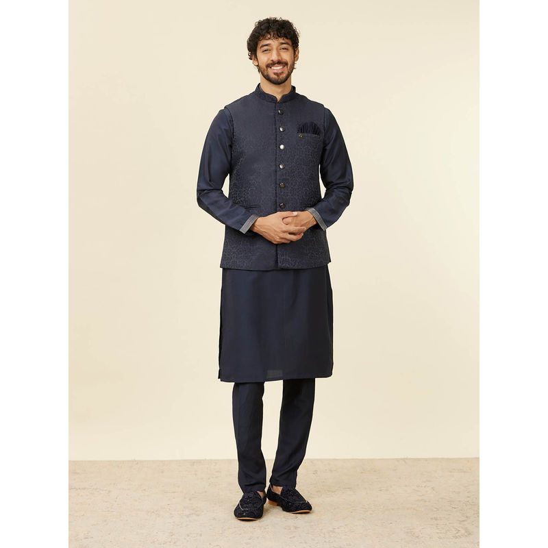 Manyavar Dark Blue Brocade Jacquard|Self Texture Jackets for Men (Set of 3) (M)