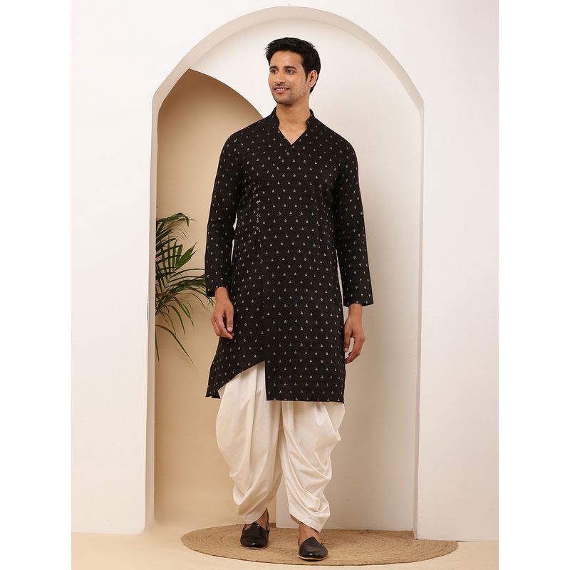 MULTI SHADES Men Weaving Design Straight Cotton Black Kurta with Dhoti Pant (XS)