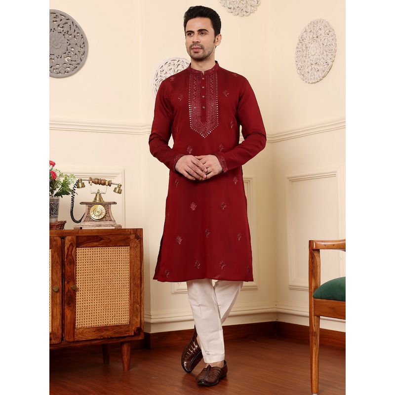 MULTI SHADES Men Straight Viscose Silk Red Kurta with Pyjama (XS)