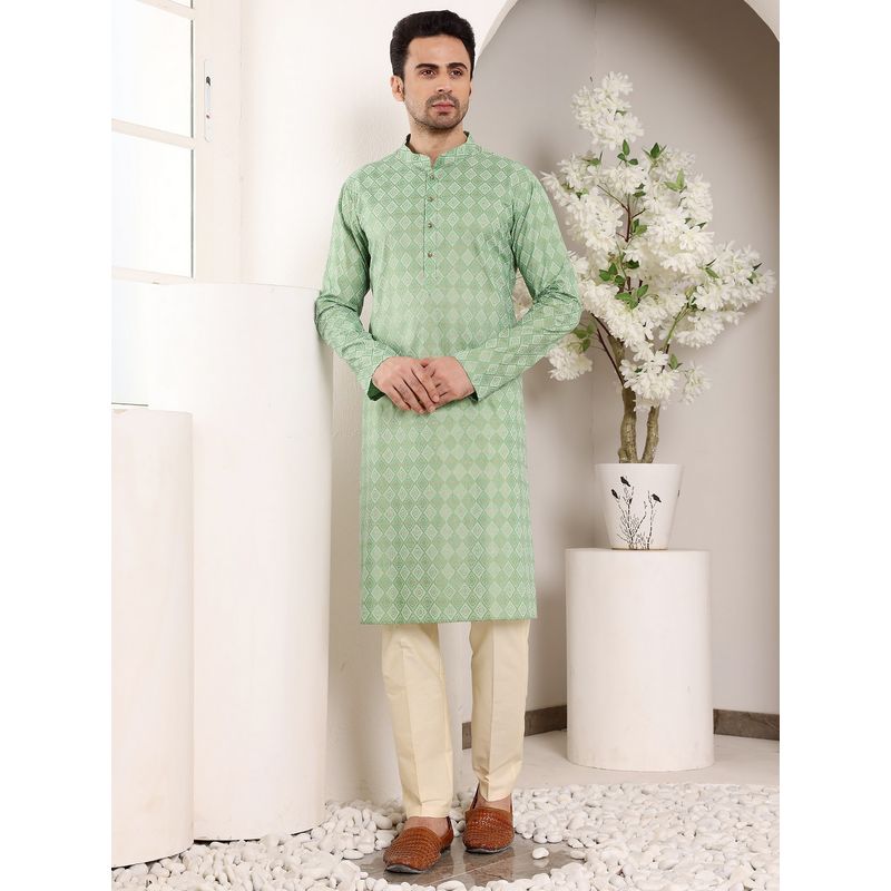 MULTI SHADES Men Elegant Printed Straight Cotton Green Kurta with Pyjama (XS)