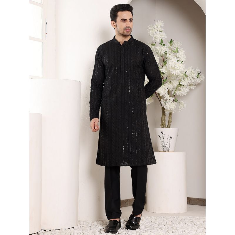 MULTI SHADES Men Elegant Straight Viscose Silk Black Kurta with Pyjama (XS)