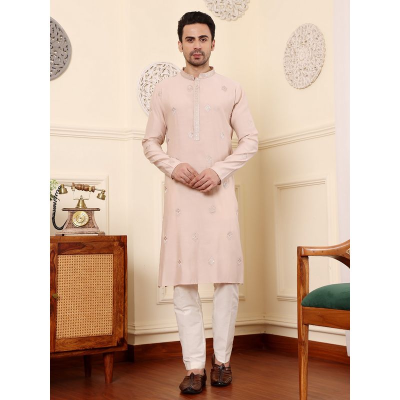 MULTI SHADES Men Straight Viscose Silk Pink Kurta with Pyjama (XS)
