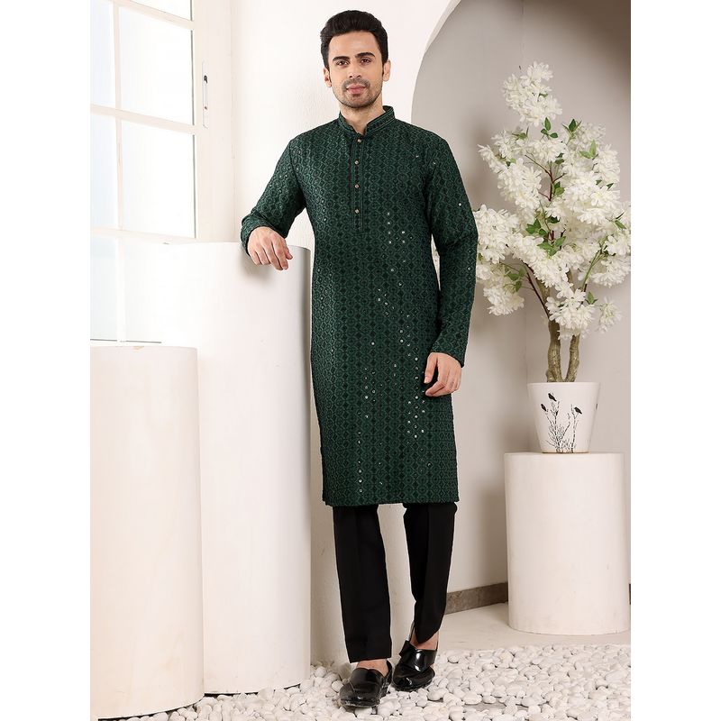MULTI SHADES Men Straight Viscose Silk Green Kurta with Pyjama (XS)