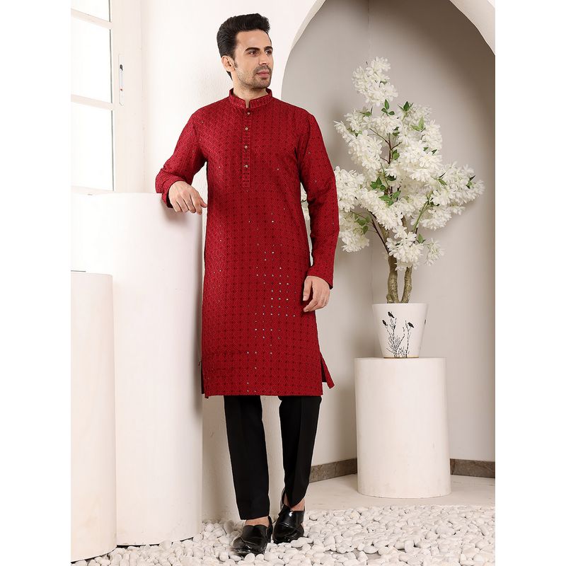 MULTI SHADES Men Straight Viscose Silk Red Kurta with Pyjama (XS)