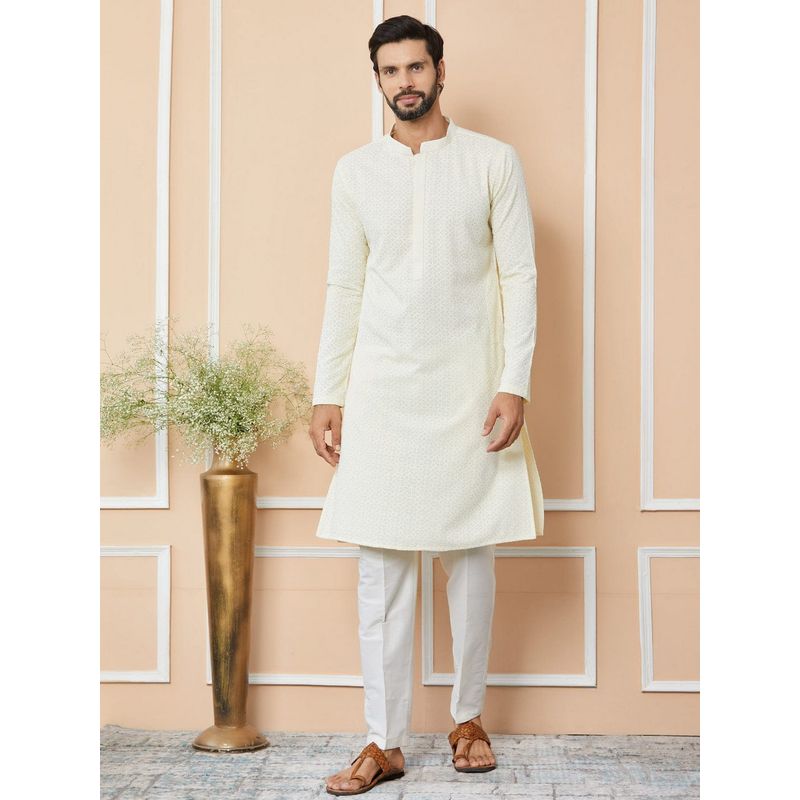 MULTI SHADES Men Rayon Silk Straight Classic Chikankari Off-White Kurta with Pyjama (XS)