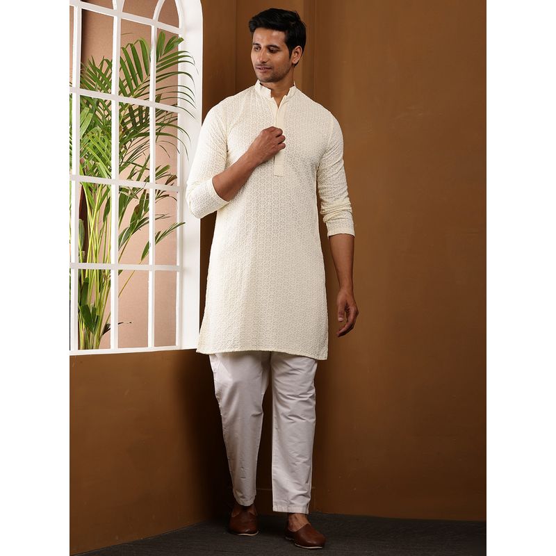 MULTI SHADES Men Embroidered Off-White Kurta with Pyjama (XS)