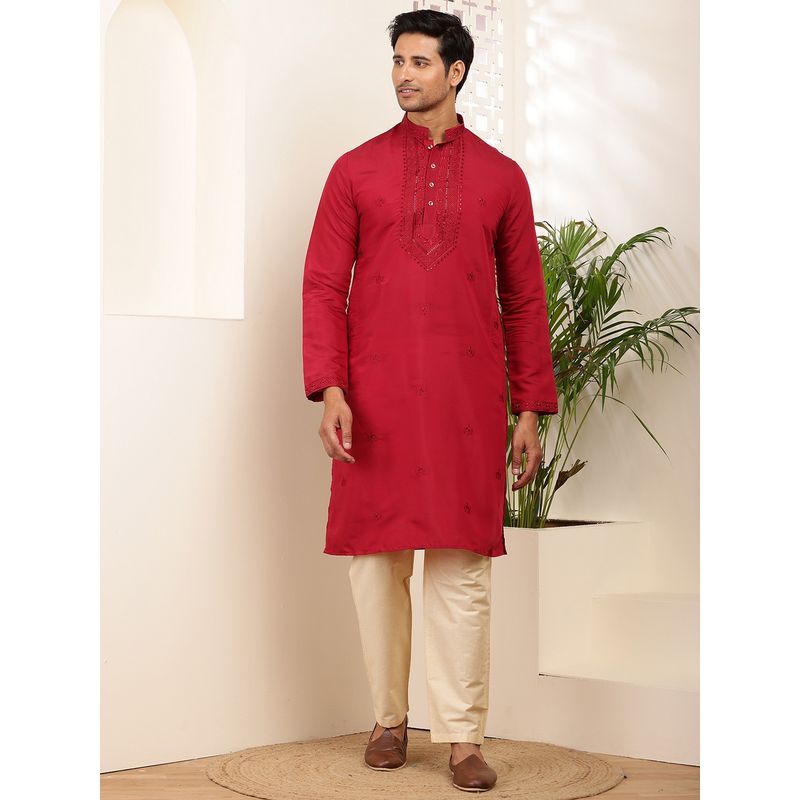 MULTI SHADES Men Embroidered Silk Blend Red Kurta with Pyjama (XS)