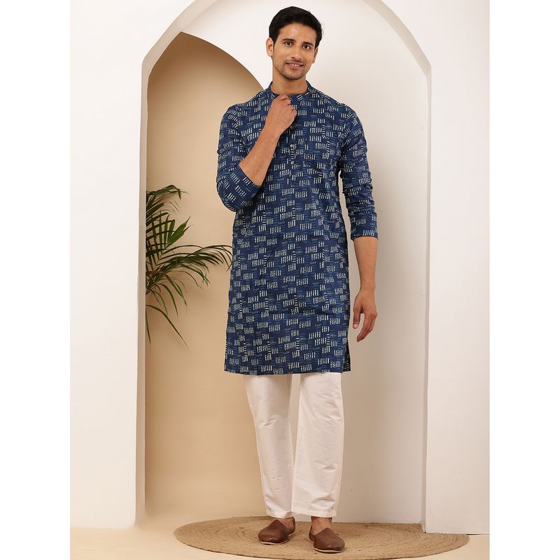 MULTI SHADES Men Ikat Printed Cotton Navy Blue Kurta with Pyjama (XS)