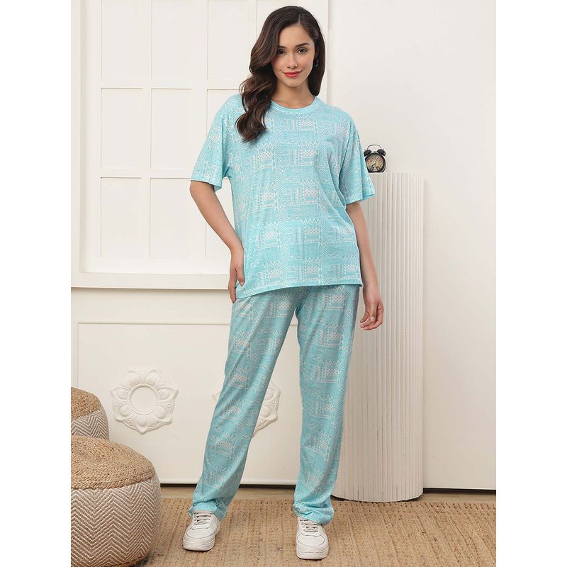 Kanvin Women Aqua Printed T-shirt and Pyjama (M)