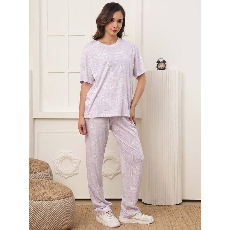 Kanvin Women Lavender Printed T-shirt and Pyjama (S)