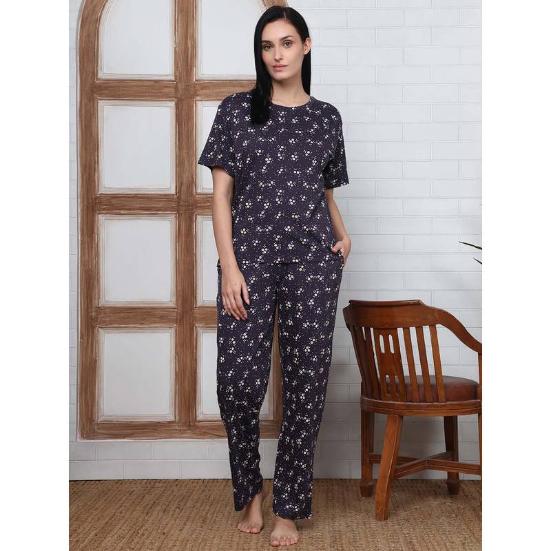 Kanvin Women Navy Blue Floral Printed T-shirt and Pyjama (M)