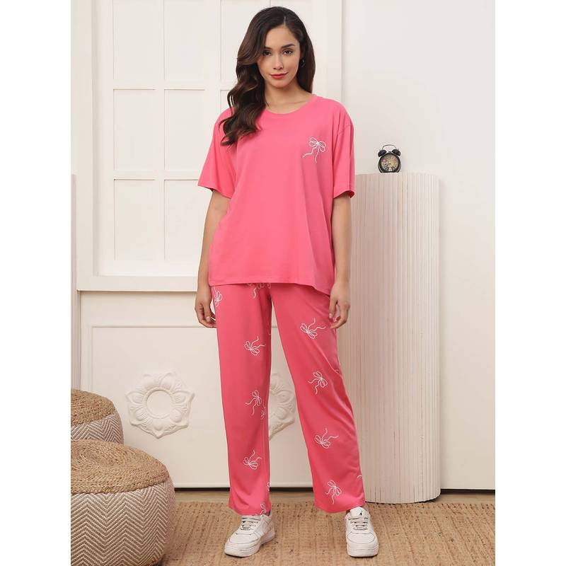 Kanvin Women Pink Printed T-shirt and Pyjama (S)