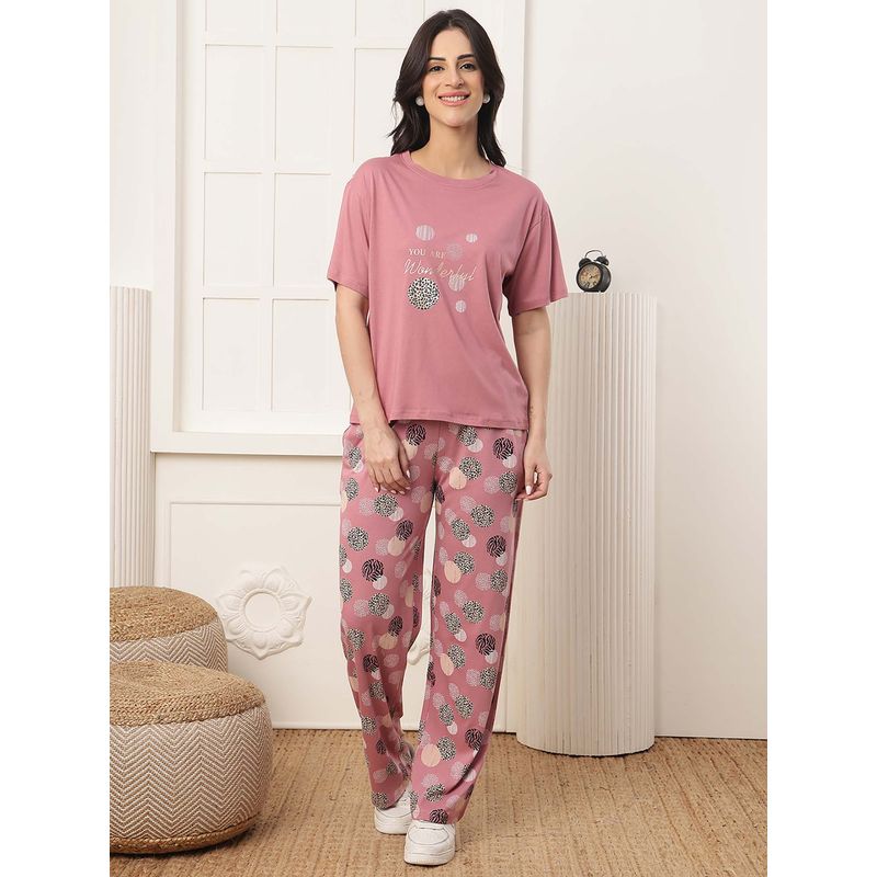 Kanvin Women Pink Printed T-shirt and Pyjama (M)