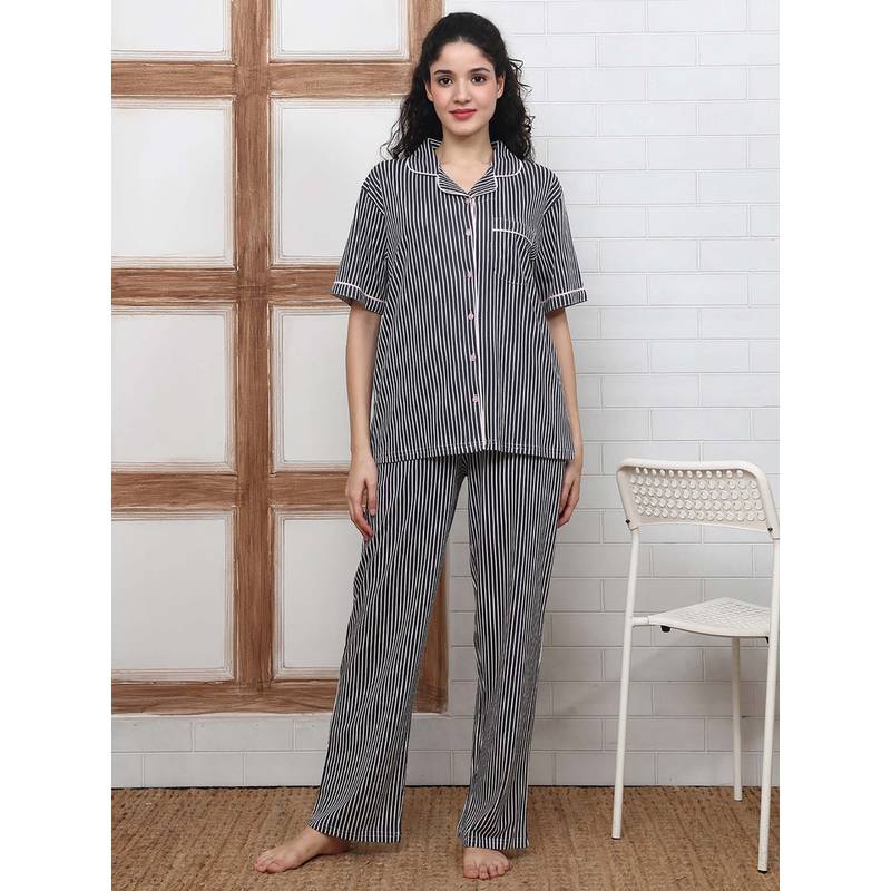Kanvin Women Black Stripes Printed Shirt and Pyjama (S)