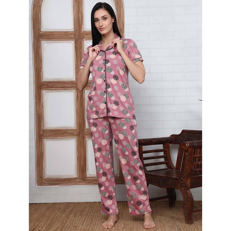 Kanvin Women Pink Printed Shirt and Pyjama (S)
