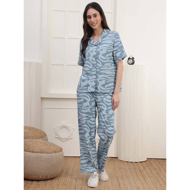 Kanvin Women Blue Printed Shirt and Pyjama (S)