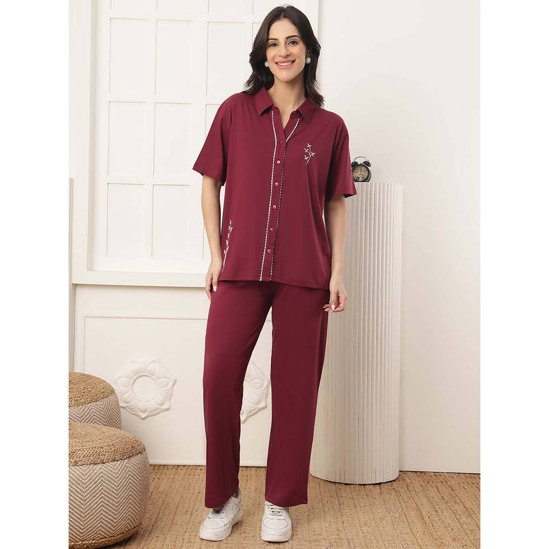 Kanvin Women Maroon Embroidered Shirt and Pyjama (3XL)