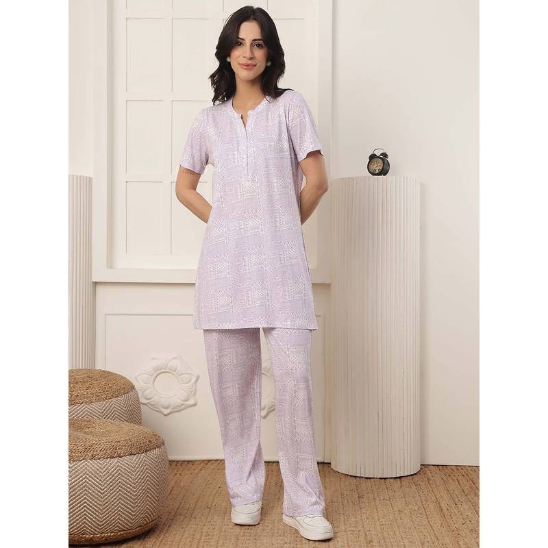 Kanvin Women Lavender Printed Top and Pyjama (M)
