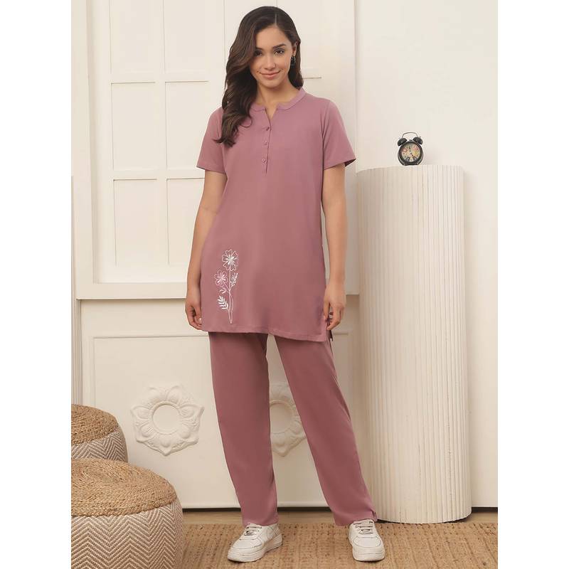 Kanvin Women Pink Floral Embroidered Top and Pyjama (M)