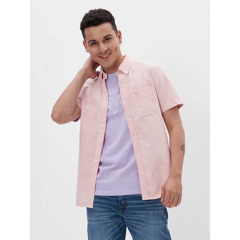 American Eagle Men Pink Short Sleeve Everyday Oxford Button Up Shirt (S)