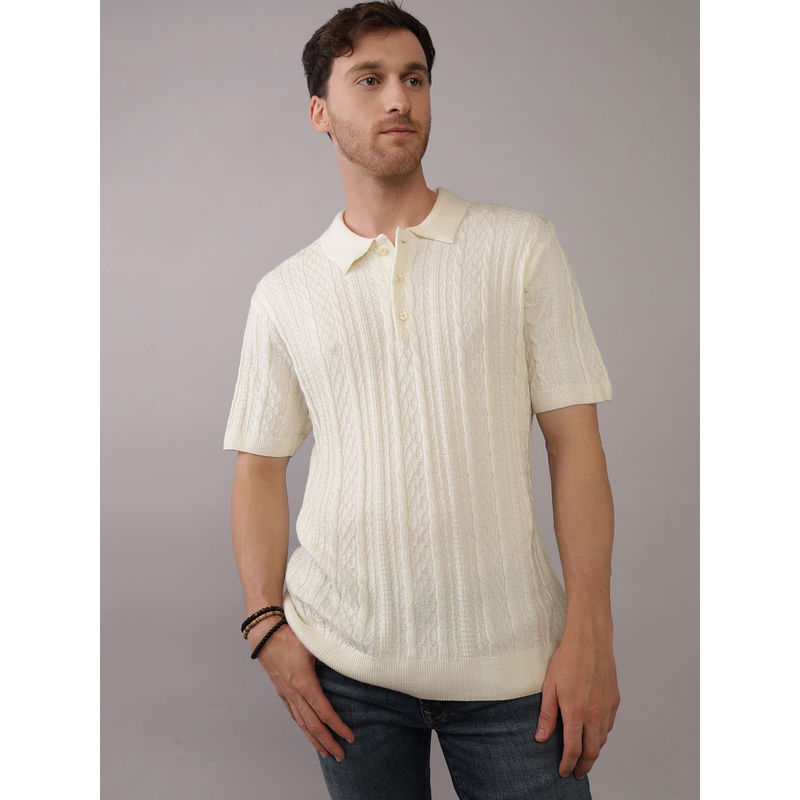 American Eagle Men Cream Textured Sweater Polo Shirt (XS)