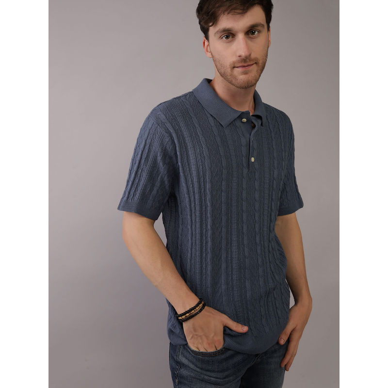 American Eagle Men Navy Textured Sweater Polo Shirt (XS)