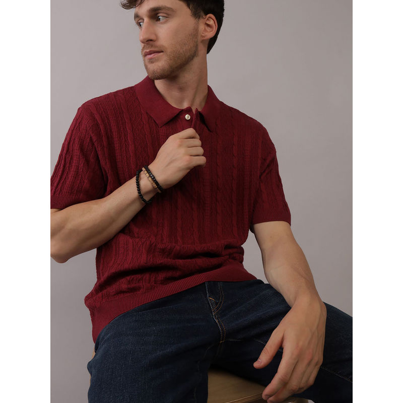 American Eagle Men Burgundy Textured Sweater Polo Shirt (S)