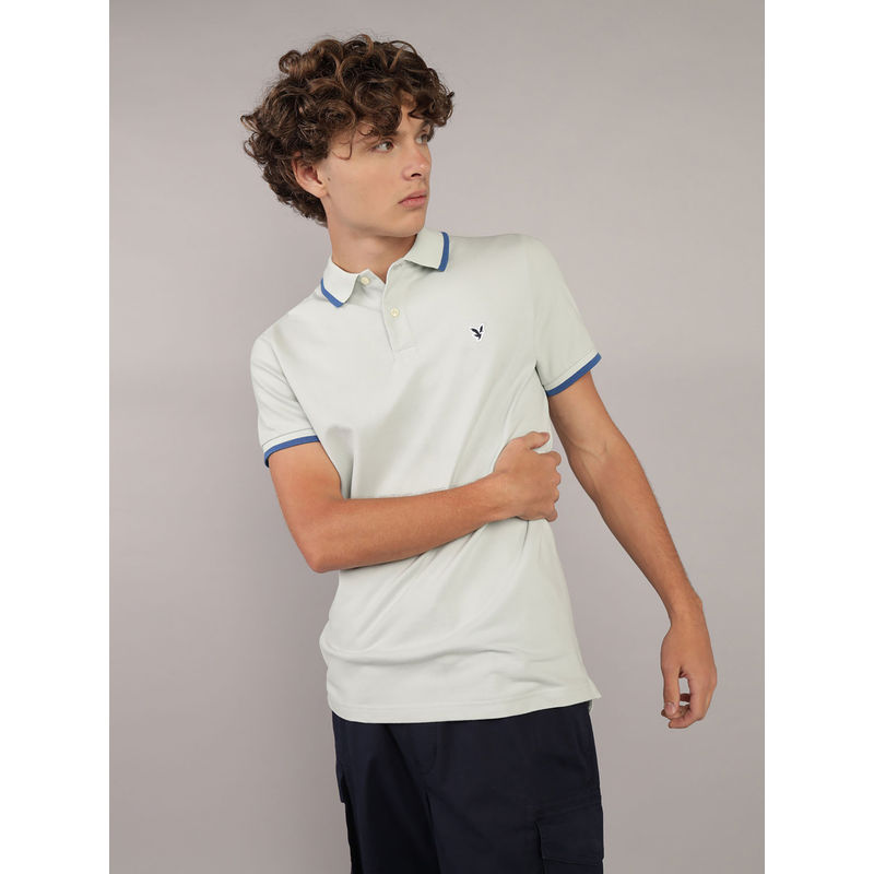 American Eagle Men Blue Tipped Flex Pique Polo T-shirt (L)