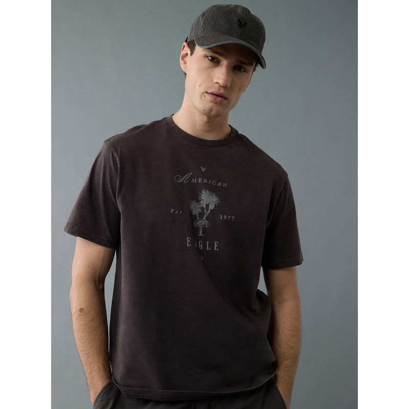 American Eagle Men Dark Brown Graphic Print T-Shirt (XS)
