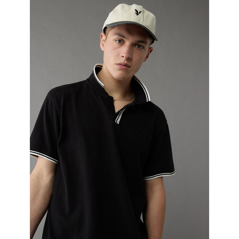 American Eagle Men Black Textured Mesh Polo T-shirt (XS)