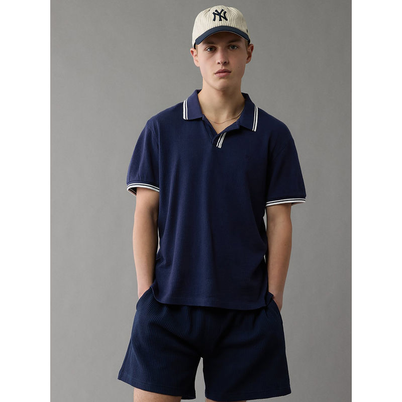 American Eagle Men Navy Blue Textured Mesh Polo T-shirt (XS)