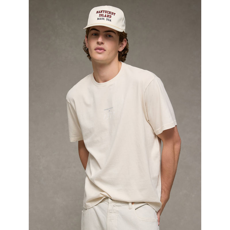 American Eagle Men Cream Printed T-Shirt (M)