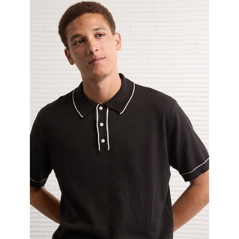 American Eagle Men Black Tipped Sweater Polo T-shirt (S)