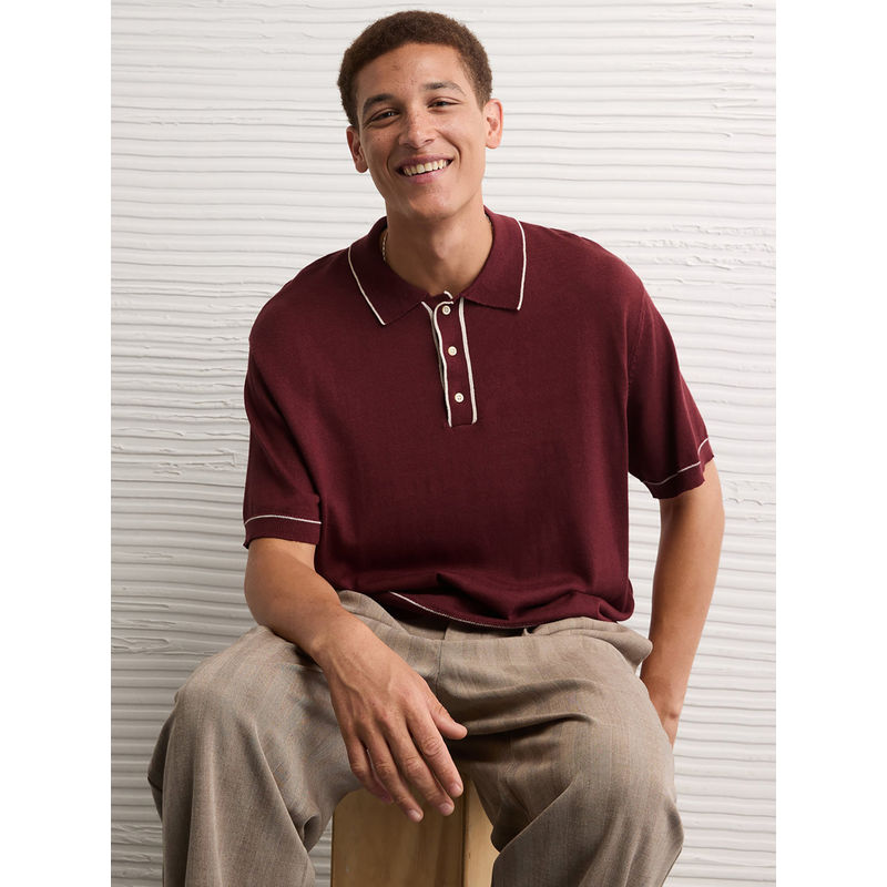 American Eagle Men Maroon Tipped Sweater Polo T-shirt (XS)