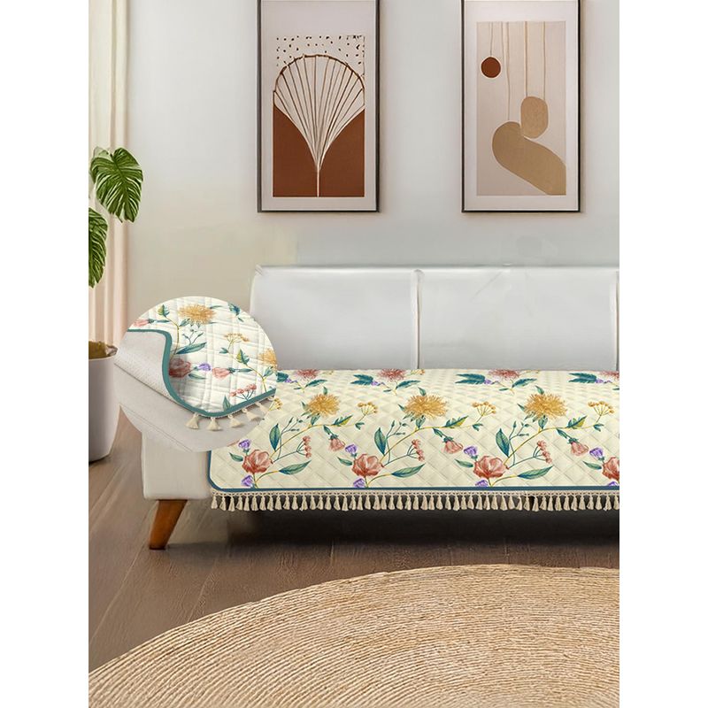 Urban Space White Tassels Petal Pop Quilted Microfibre Sofa Cover (1 Seater)