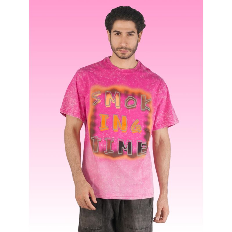 BOTABOCHI Pink Mens Faded Drop Shoulder Printed Half Sleeve T-Shirt (L)