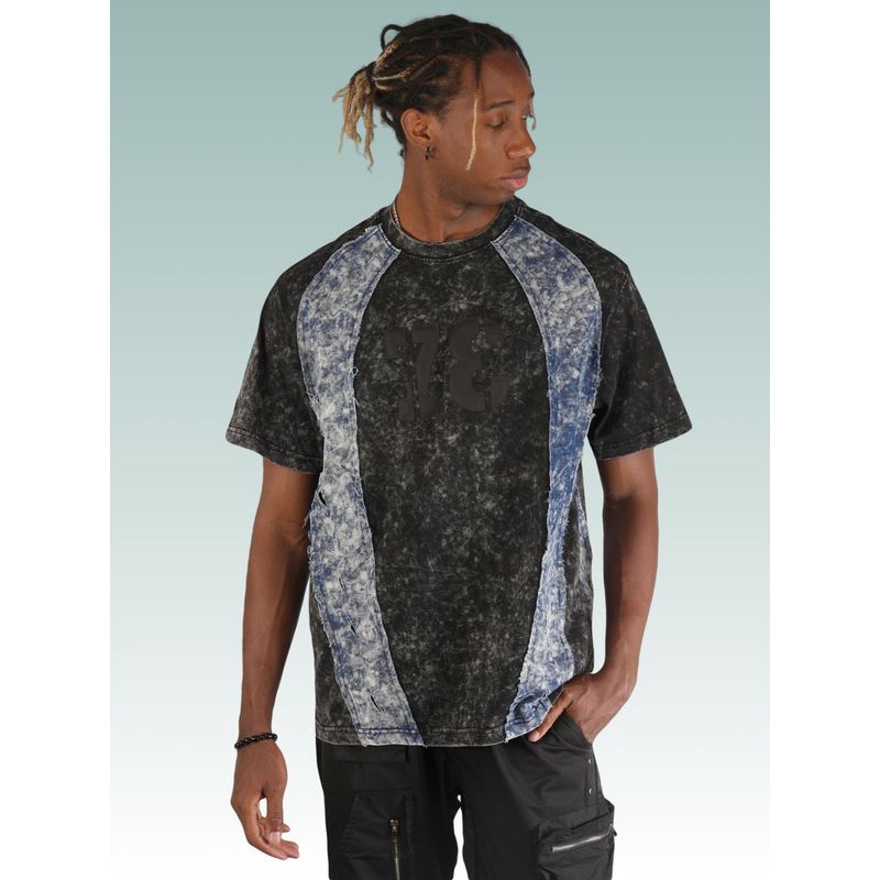 BOTABOCHI Blue Mens Plain Splatter Ribbed Printed Half Sleeve T-Shirt (L)