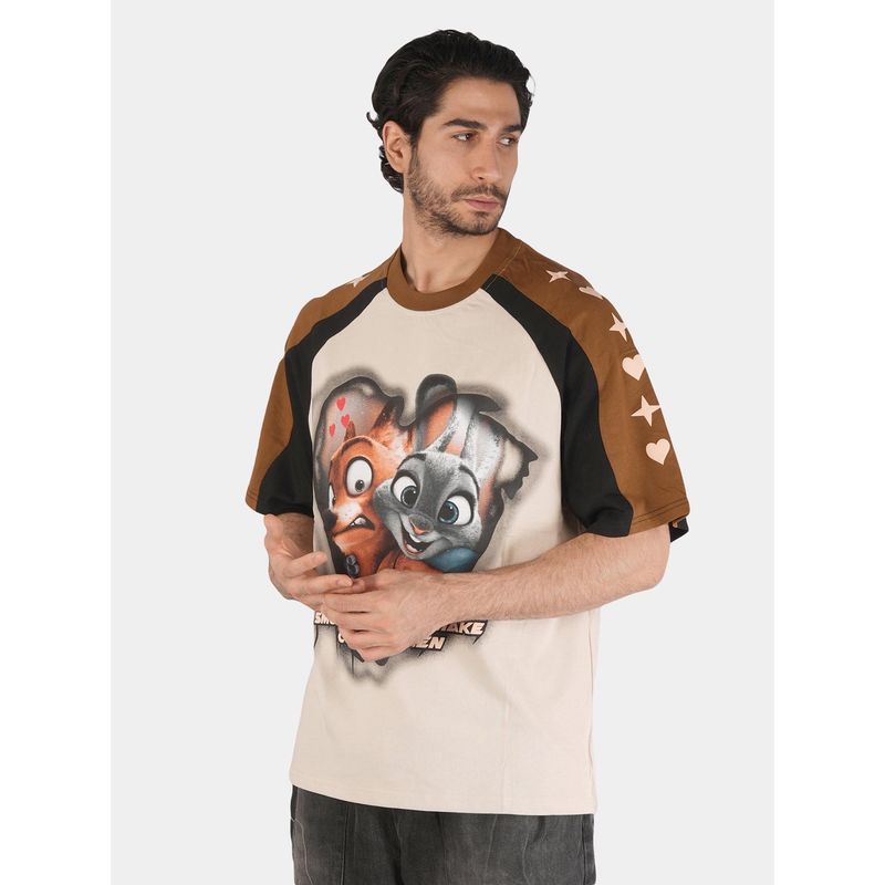 BOTABOCHI Cream Mens Cartoon Graphic Half Sleeve T-Shirt (L)
