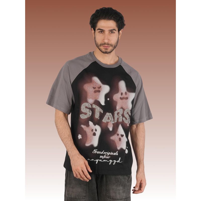 BOTABOCHI Black Mens Shadow Star Drop-Shoulder Printed Half Sleeve T-Shirt (L)