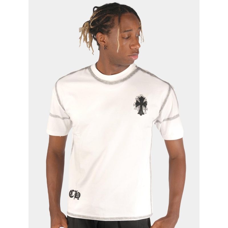 BOTABOCHI White Mens Leather Pad Half Sleeve T-Shirt (M)