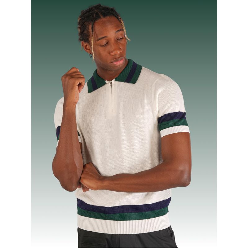 BOTABOCHI White Mens Color Block Knit Half Sleeve Polo T-Shirt (L)